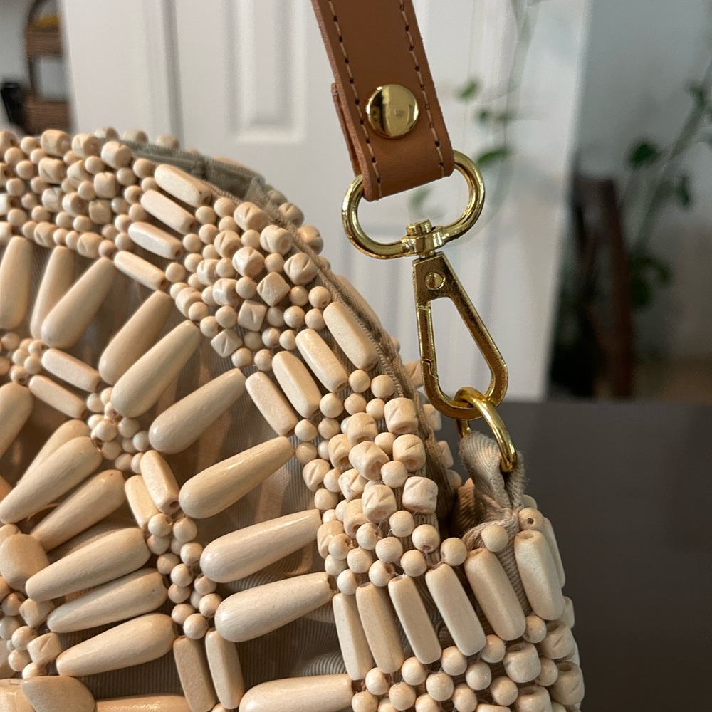 Aranaz Beaded Round Shoulder Bag in Cream and Tan - Picture 3 of 5